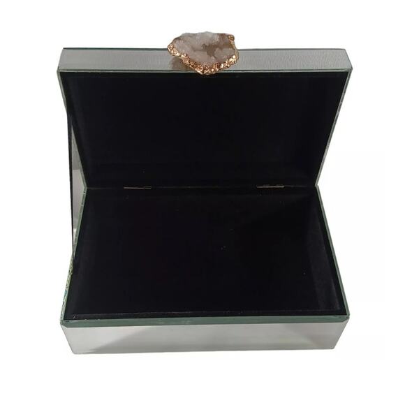 Mirrored Glass Hinged 8" Trinket Jewelry Box W/ Amethyst Geode Knob Gold Trim - Picture 5 of 12